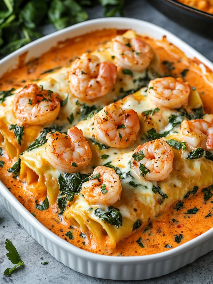 Shrimp & Spinach Lasagna Rolls with Creamy Pepper Sauce
