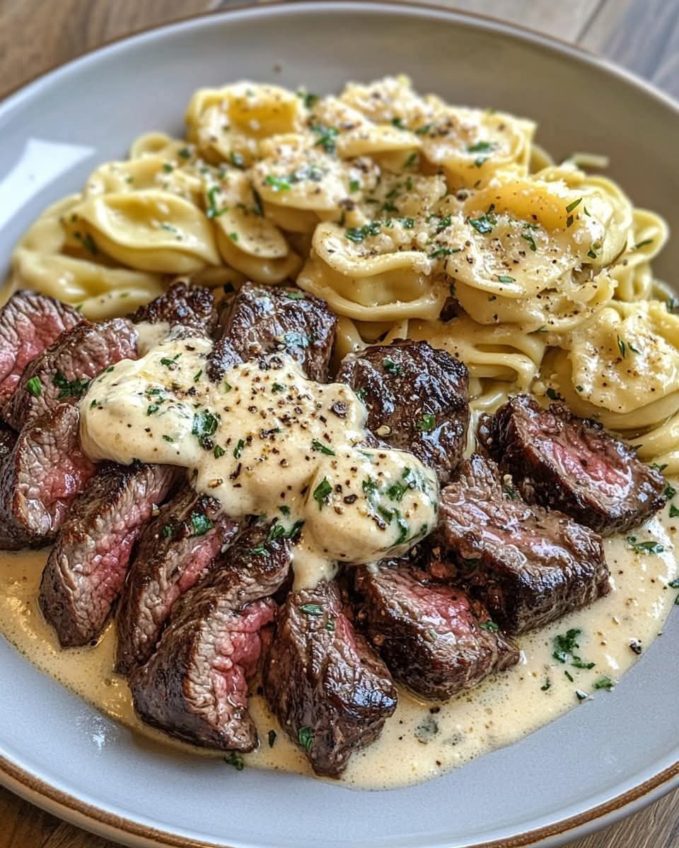 Tender Garlic Butter Steak with Cheesy Alfredo Tortellini