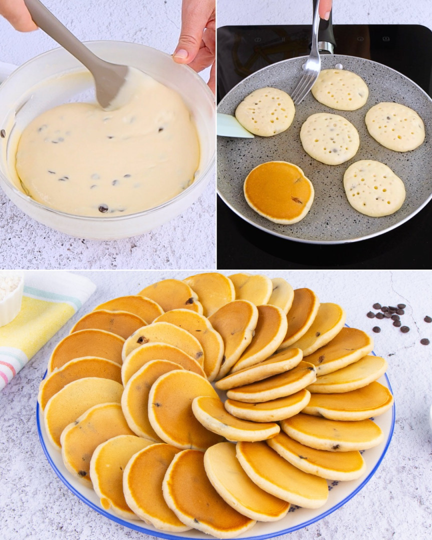Fluffy and easy mini breakfast pancakes with chocolate chips