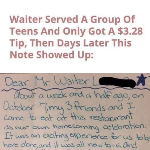 .28 tip irritates the waiter. When an unexpected letter arrives days later, eyes widen.