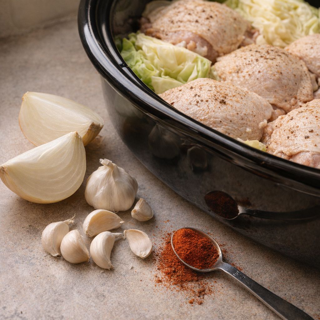 Garlic, onion, and paprika beside prepared chicken and cabbage