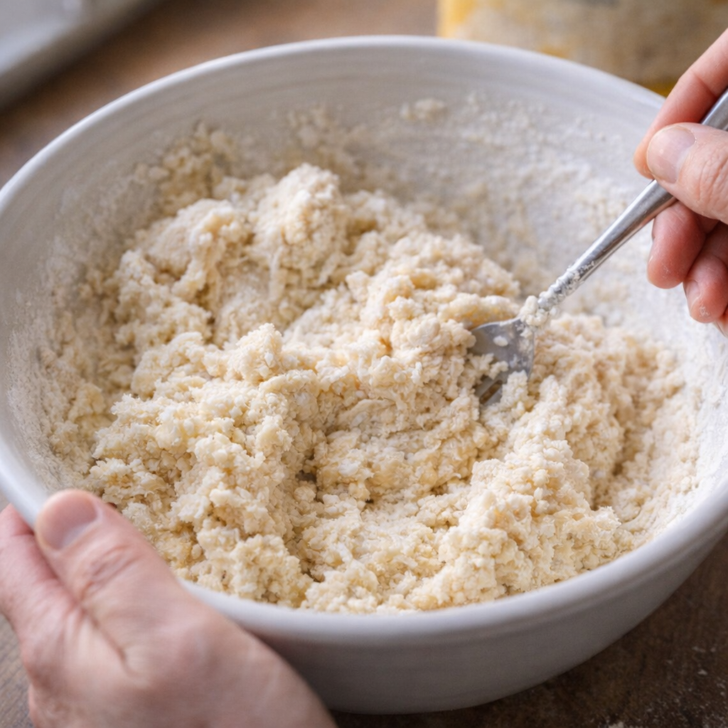 Shaggy biscuit dough being mixed in a bowl