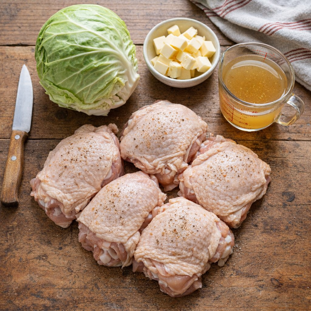 Cabbage, chicken thighs, butter, and broth on a country kitchen table