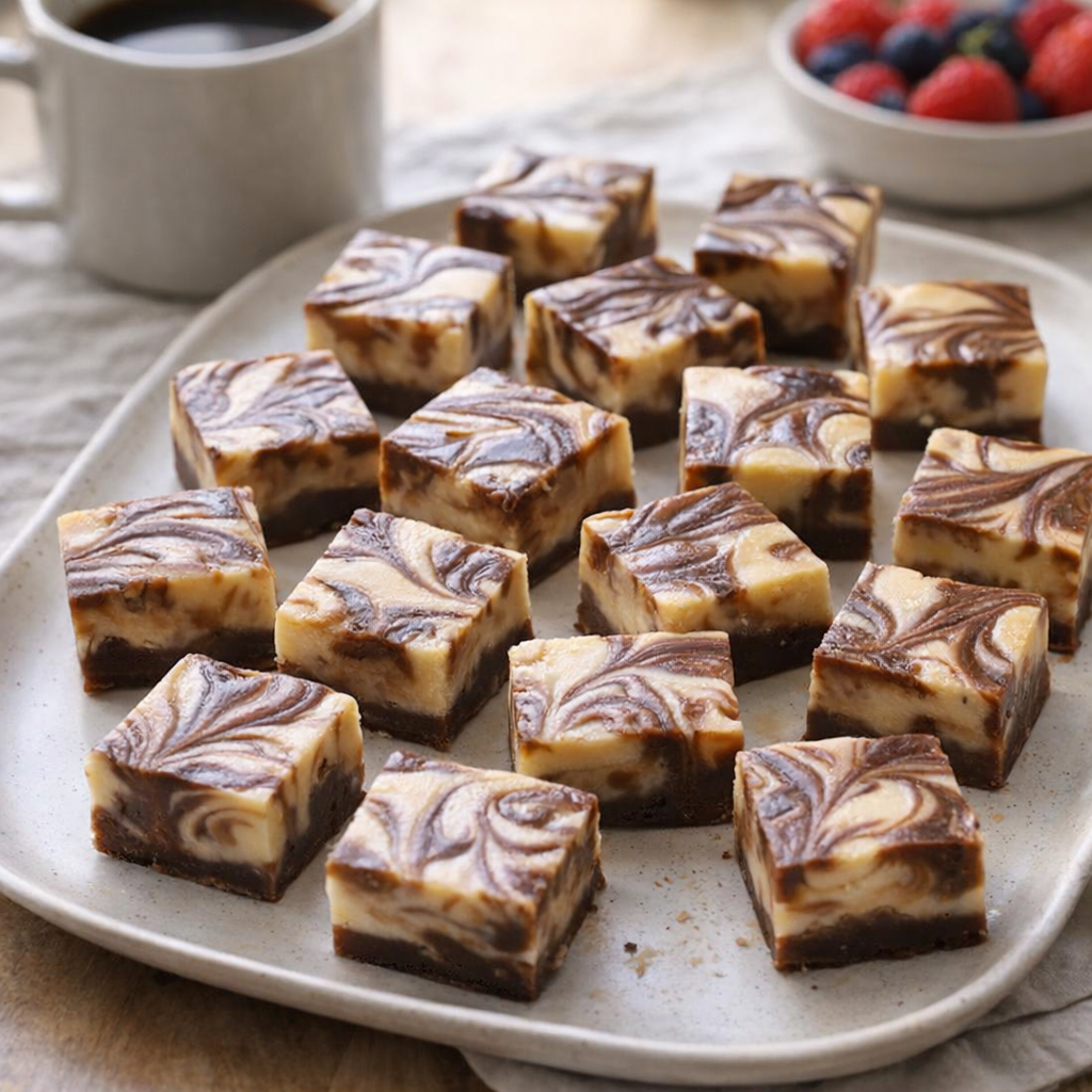 Cut squares of cold brew fudge on a brunch platter