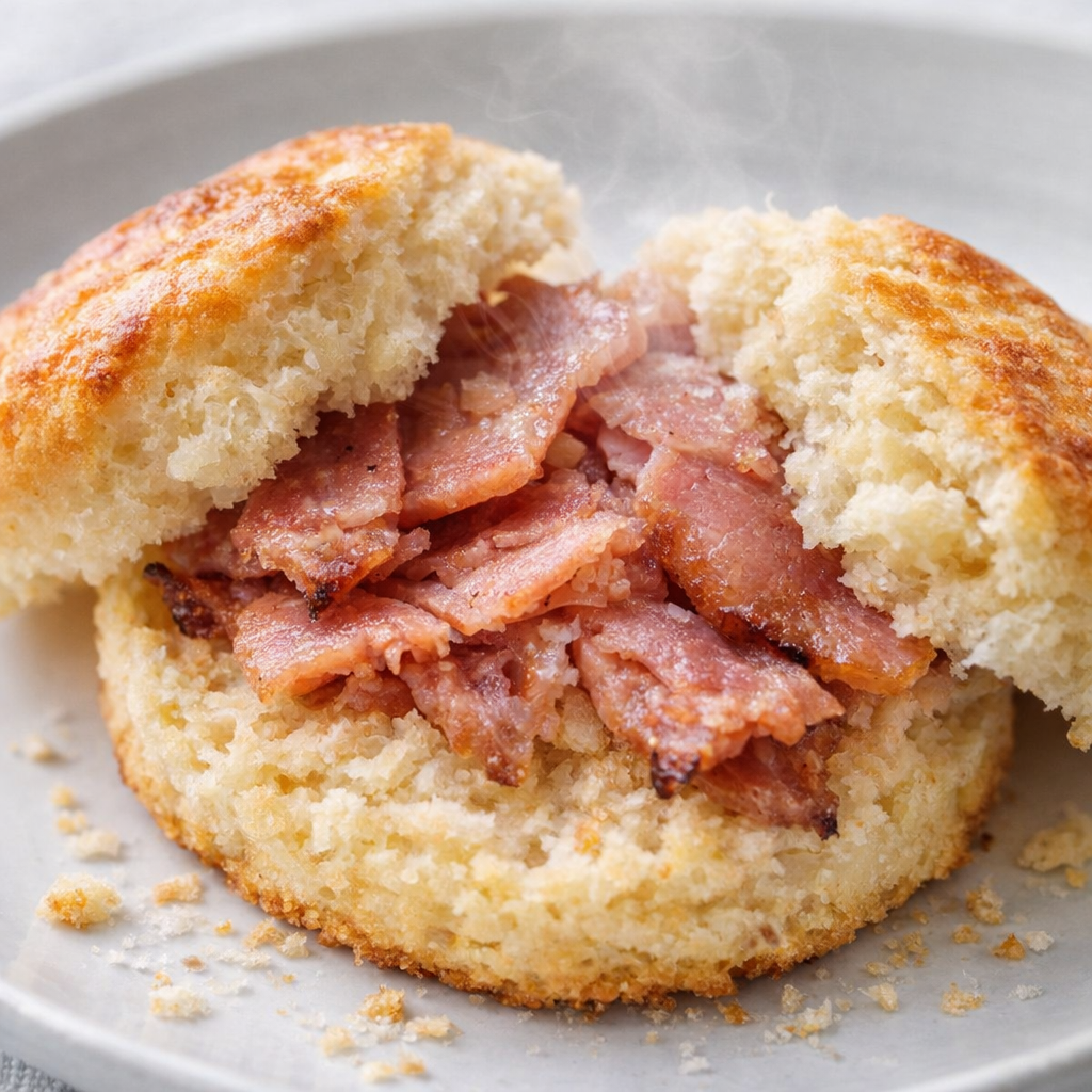 Split country ham biscuit showing flaky interior