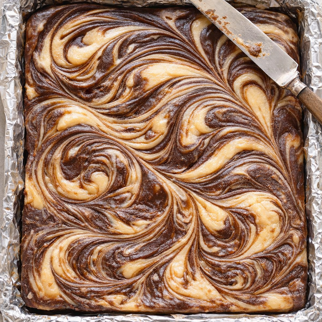 Swirled fudge in the pan before chilling