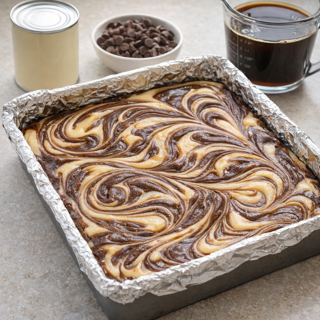 Foil-lined baking pan ready for fudge