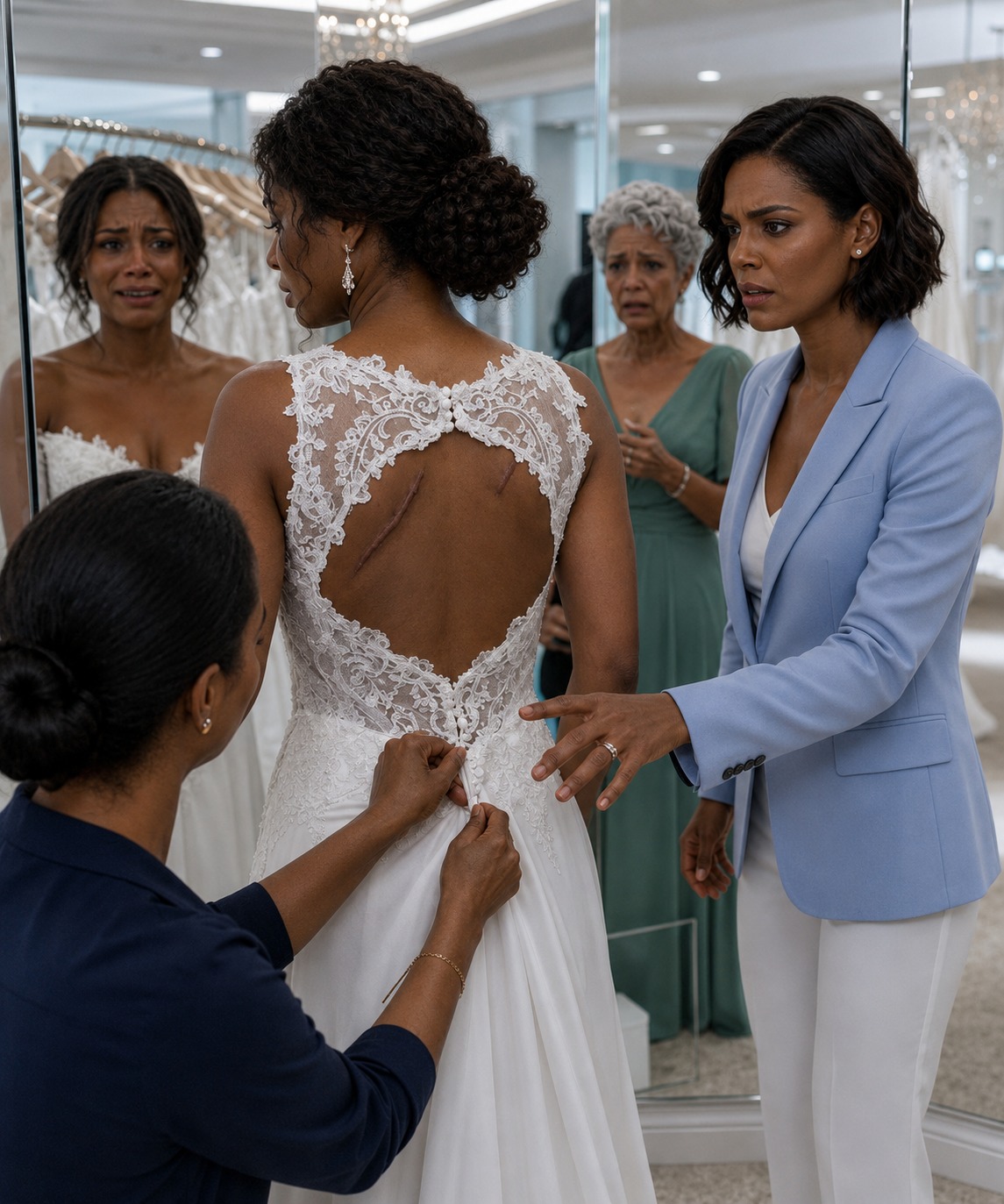 At the bridal shop, I saw fresh dark marks across my sister’s back. She whispered, “If I cancel, his father will ruin us.” I kissed her cheek and said, “Then we won’t cancel.” But by morning, the groom had no idea who was waiting at the aisle.