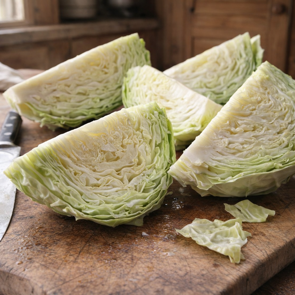 Cut cabbage wedges on a wooden board