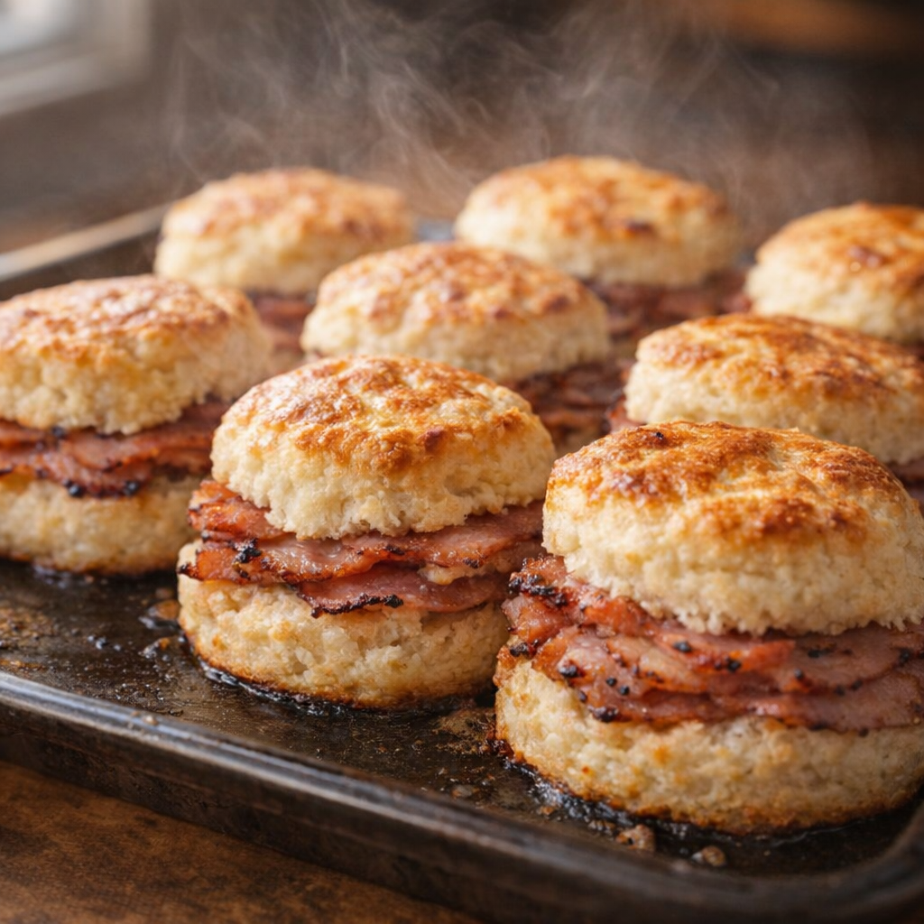 Freshly baked country ham biscuits cooling on the pan