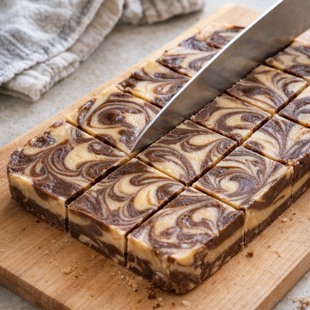 Fudge slab being cut into neat squares