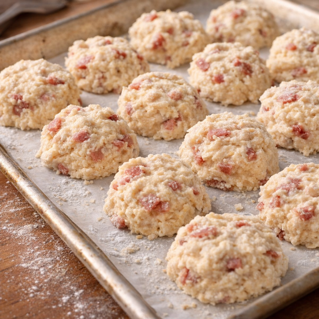 Unbaked ham biscuits arranged on a sheet pan