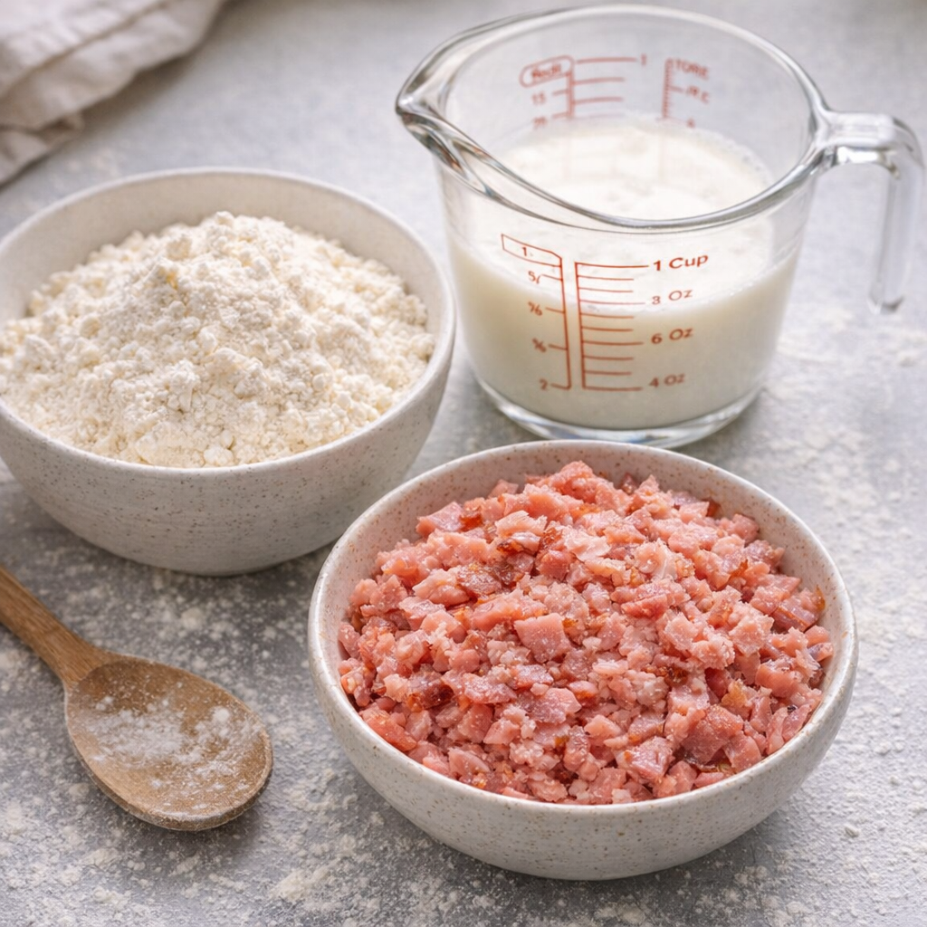 Measured biscuit ingredients on a kitchen counter