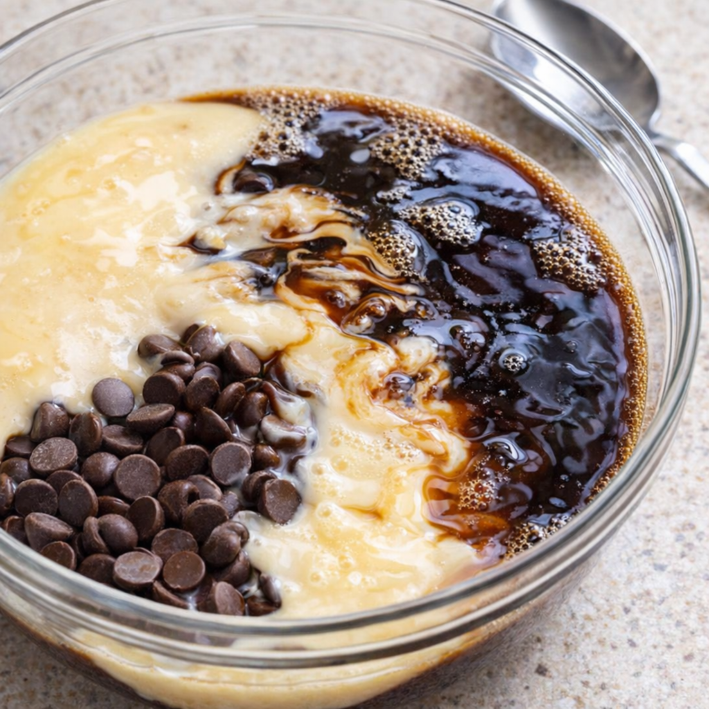 Chocolate chips and cold brew in a mixing bowl