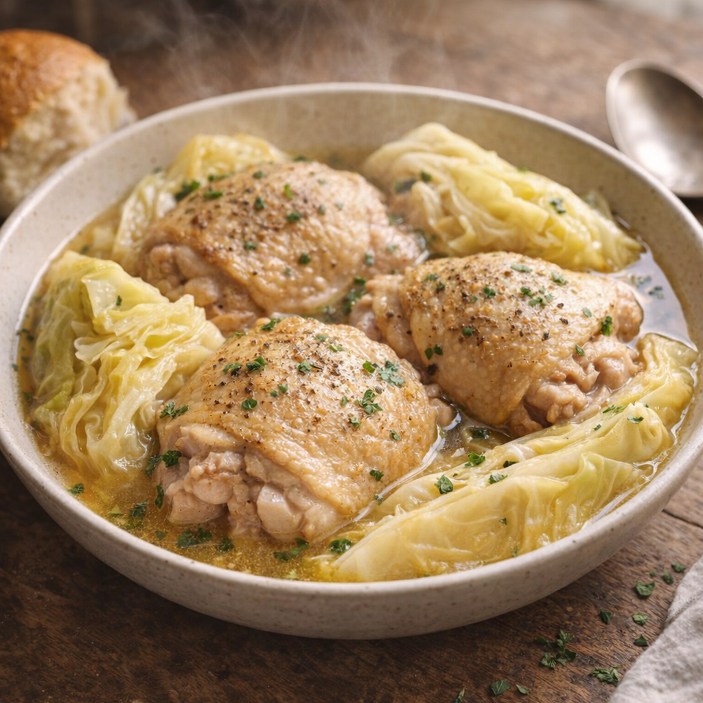 Serving bowl of buttered cabbage and chicken with broth