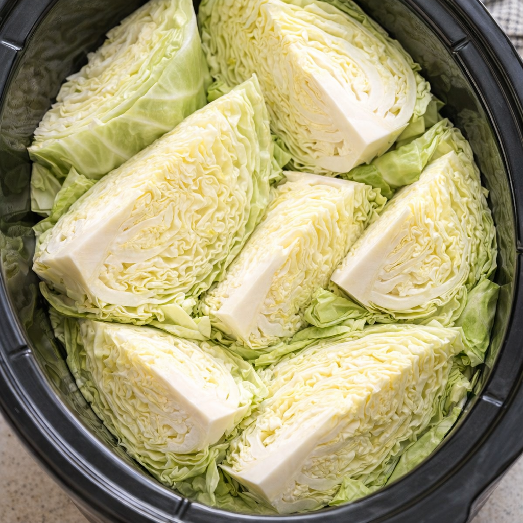 Cabbage wedges arranged in a slow cooker