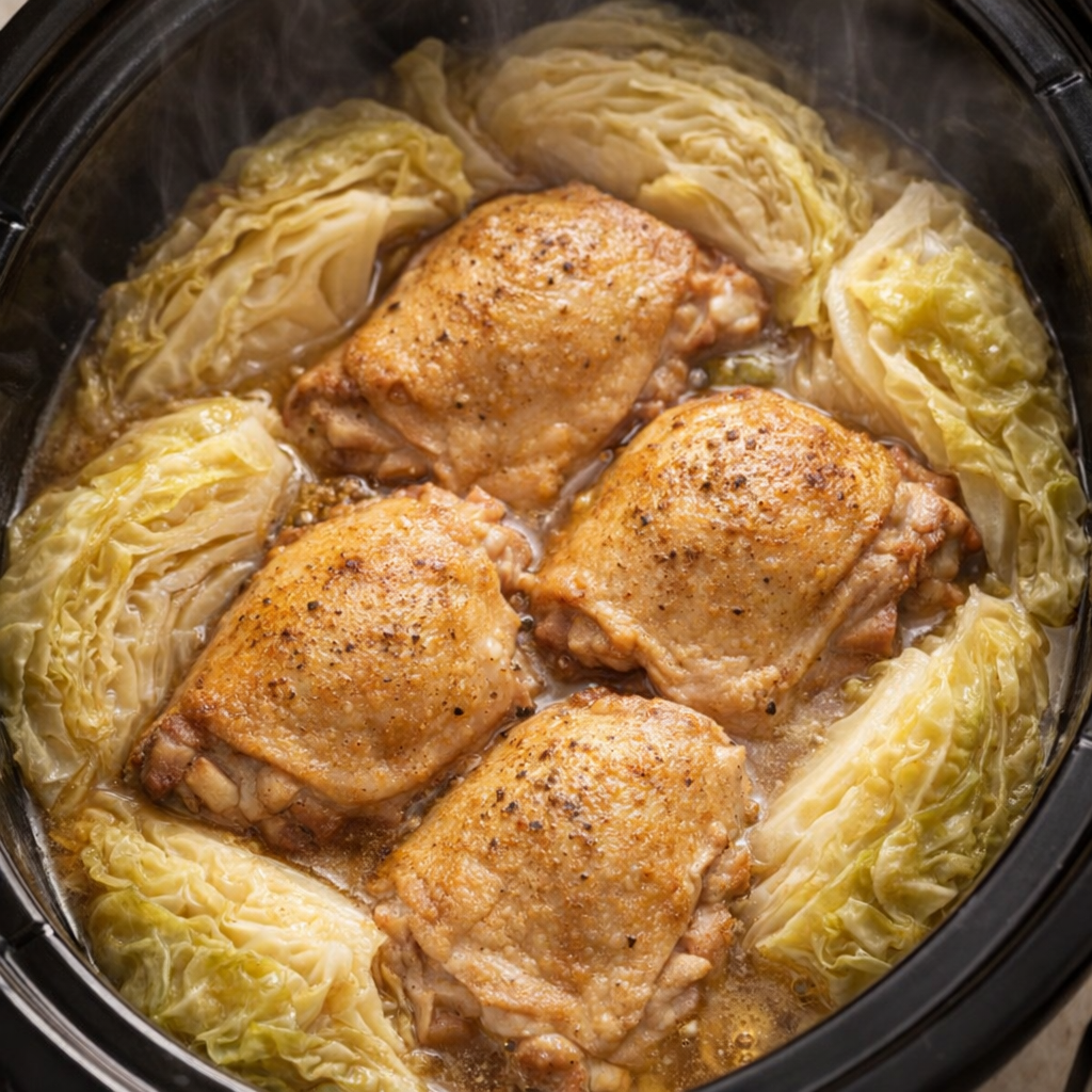 Cooked chicken and cabbage inside the slow cooker