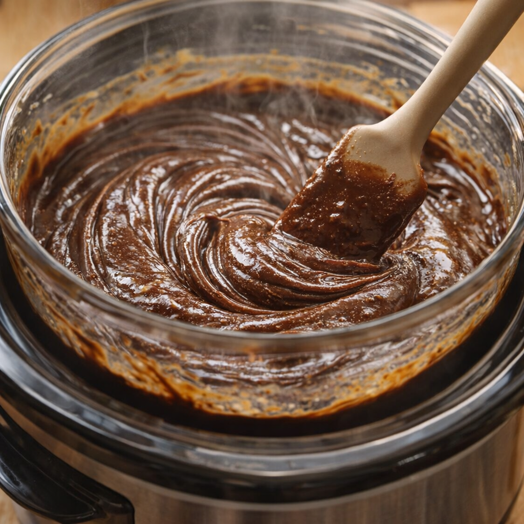 Smooth melted fudge mixture being stirred