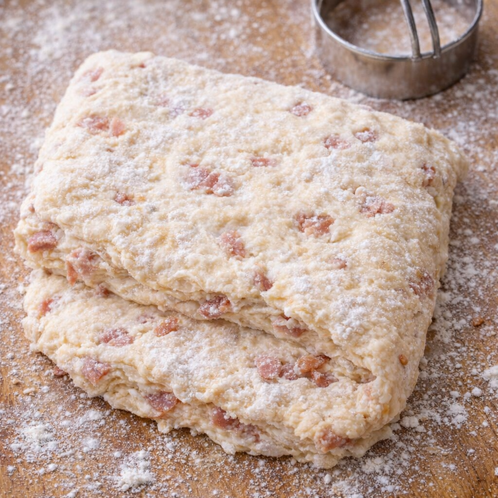 Biscuit dough folded on a floured board