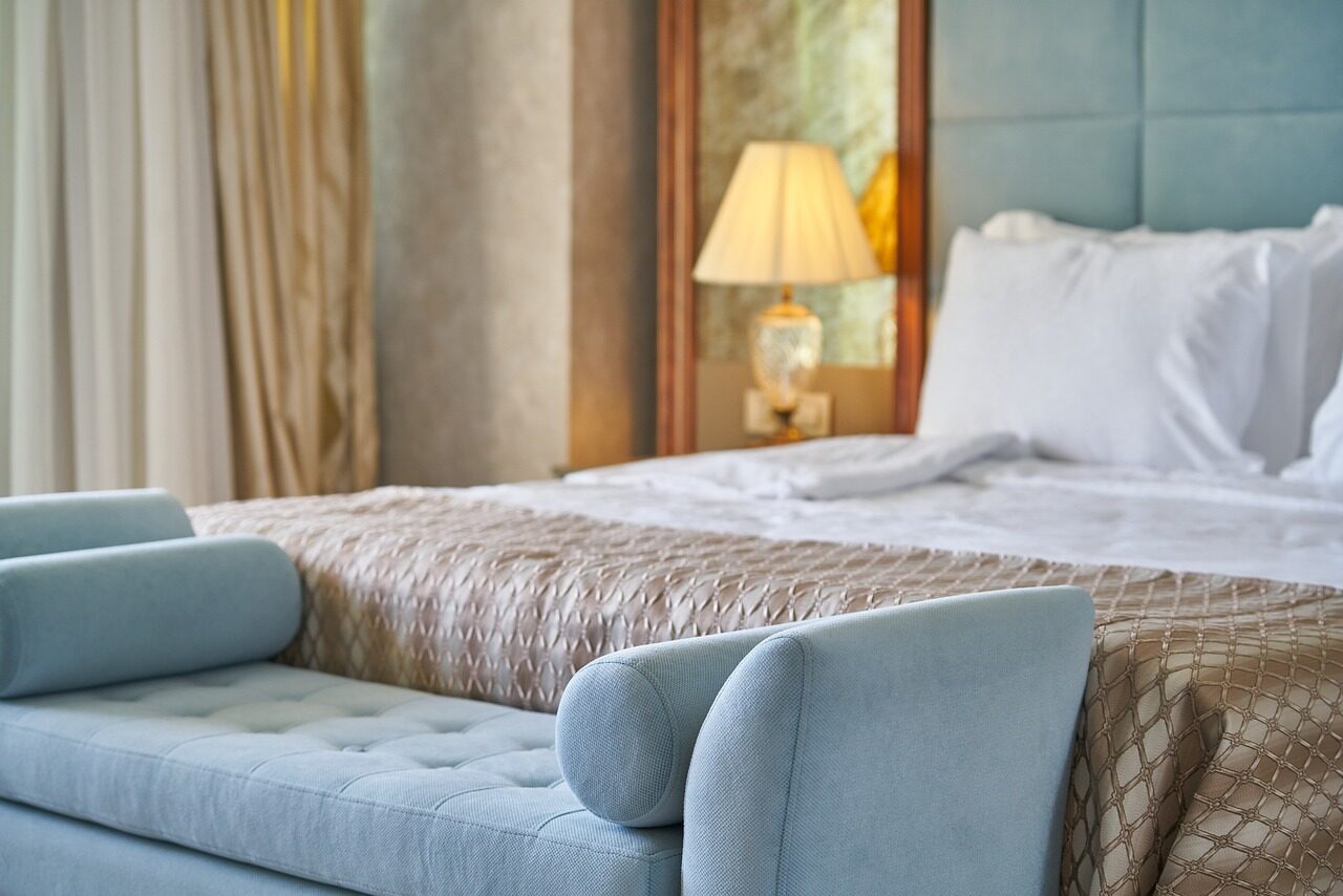 brown fabric strips hotel beds