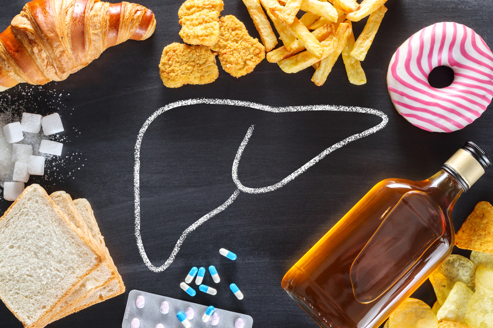 Unhealthy lifestyle and habits - risk of liver damage. Top view