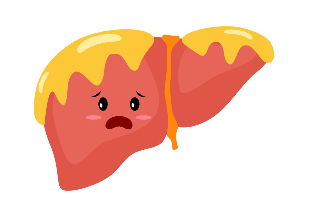Sad fatty liver disease cartoon character in flat design on white background.